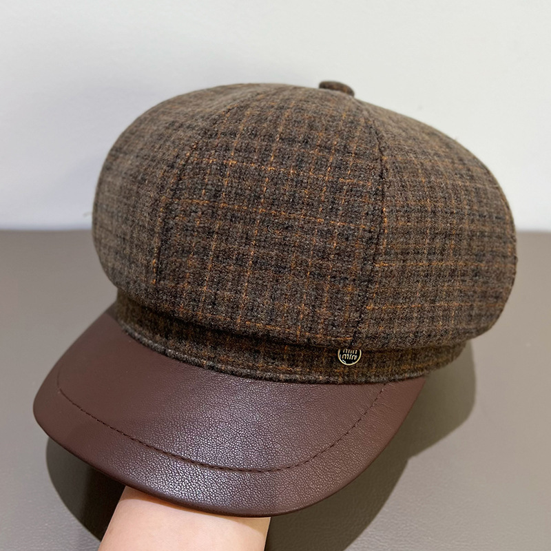 日系休闲复古格纹八角帽子女春夏季英伦百搭时尚报童帽鸭舌贝雷帽