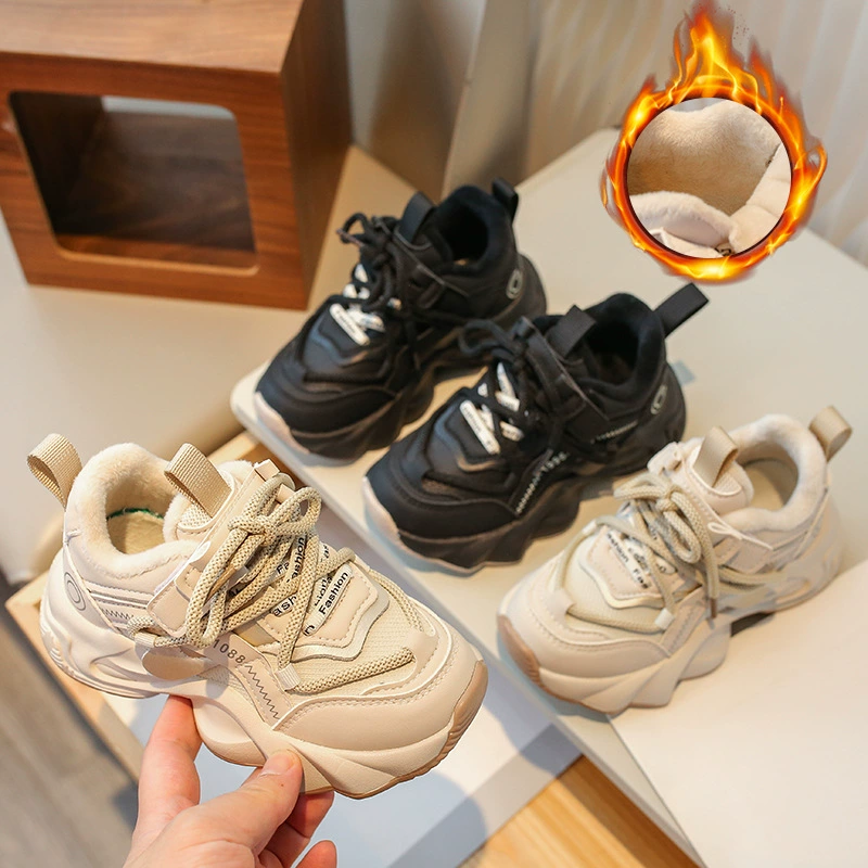 Обувь для пап на флисовой подкладке для девочек, новинка весны 2024 года, однотонные кроссовки для детей среднего и большого размера, увеличивающие рост, нескользящая повседневная обувь для девочек