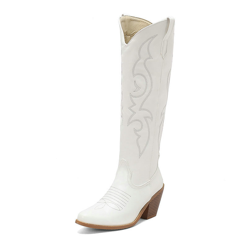 Stivali da cowboy da donna Stivali da cowboy alti e appuntiti da ragazza ricamati, stivali rusticali vintage con tacco spesso e cerniera laterale_voghion.com