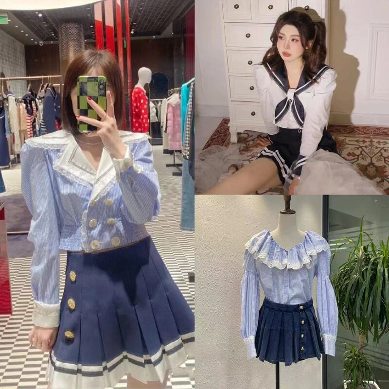 Nanyou Quality ---- Blue Striped Navy Collar Shirt Striped Lace Trim Crop Top ---- W1150 ​​