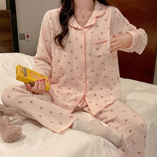 Breastfeeding pajamas, thin large size nursing clothes, four-season thin crepe confinement clothes, sweat-absorbent home clothes, double-layer gauze cover