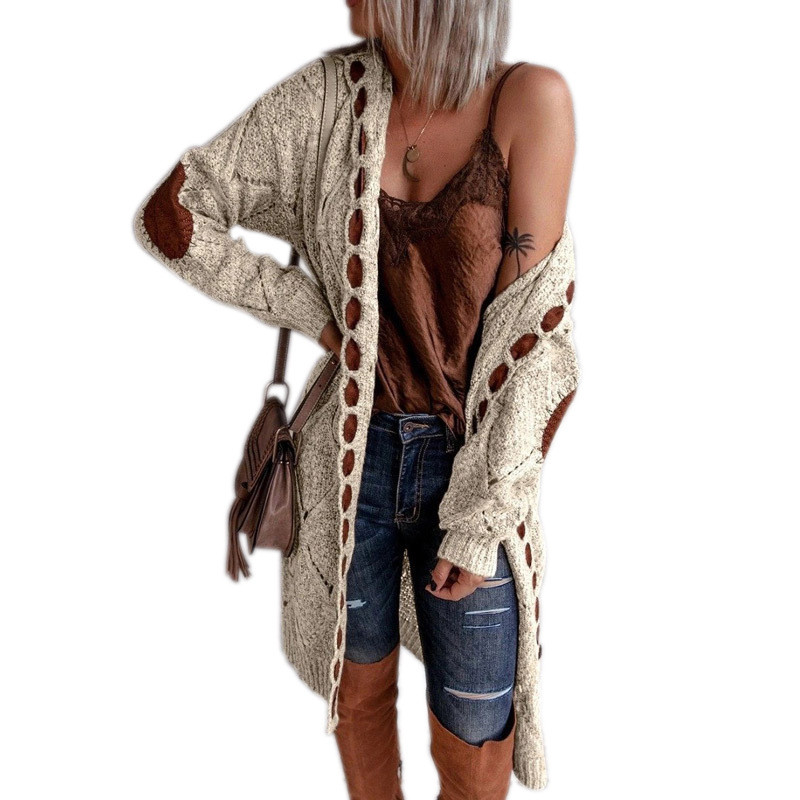 2023 transfronteriza Amazon Otoño e Invierno terciopelo cuero costura abrigo color coincidencia de punto largo con capucha suéter cardigan abrigo para las mujeres