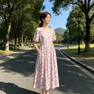 棉绸连衣裙夏季法式温柔风碎花裙女泡泡袖收腰凉感亲肤年轻人外穿