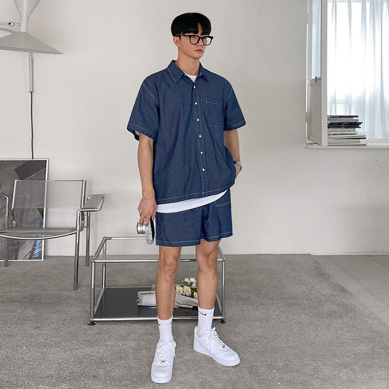 Men's summer shirt, retro denim skirt, set, with short sleeve, Korean style 2