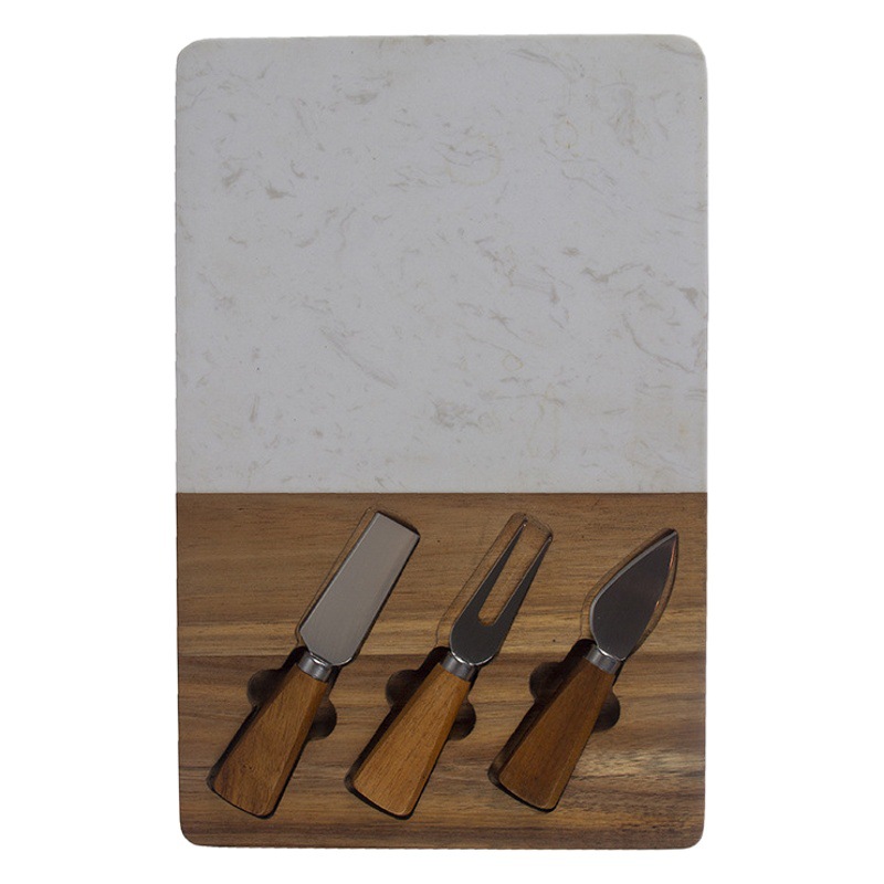 Tabla de queso de mármol con empalmes de madera de acacia, juego de cuchillos para queso con mango, juego de queso de cuatro piezas, cuchillo para pizza, tabla de cortar. image 1