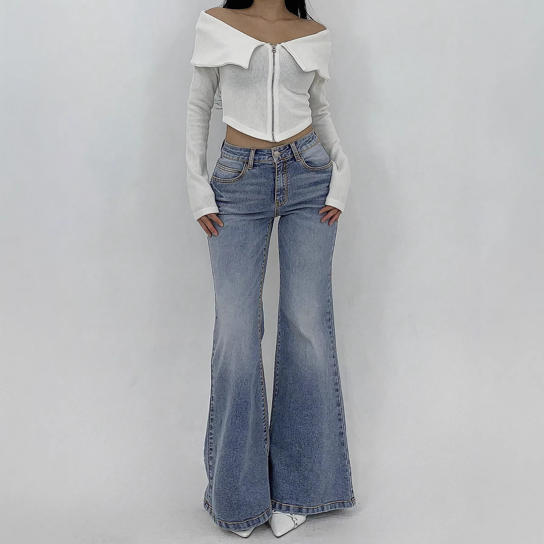 Women's Clothing High Waisted Flared Jeans, Street Style, Stretchy Slim Fit, With Pockets, Slightly Flared._ecoleips.com