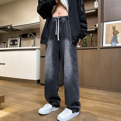 Men's Summer Gradient Denim Straight-Leg Wide Leg Retro Washed Relaxed Tapered Waistband Looser Straight Jeans