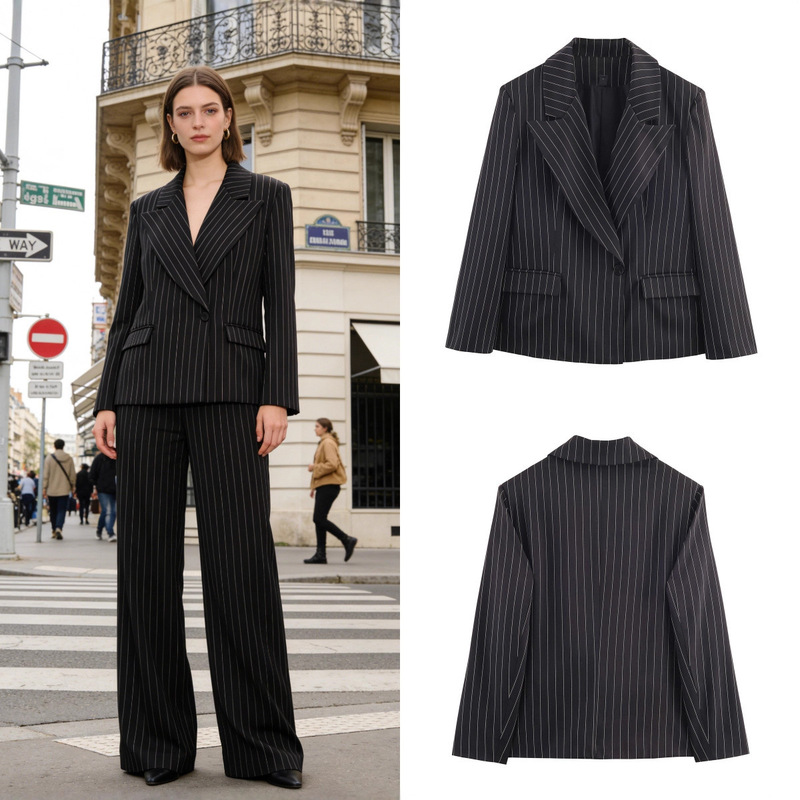 Za Foreign Trade Cross-Border Wholesale European and American Style Women's Clothing Autumn New Casual Fashion Striped Wide-Shoulder Blazer Za Foreign Trade Cross-Border Wholesale European and American Style Women's Clothing Autumn New Casual Fashion Striped Wide-Shoulder Blazer