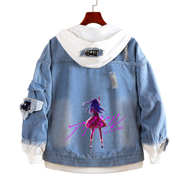 My children's anime surrounding denim coat, two-dimensional loose fake two-piece sweater jacket, trendy for men and women