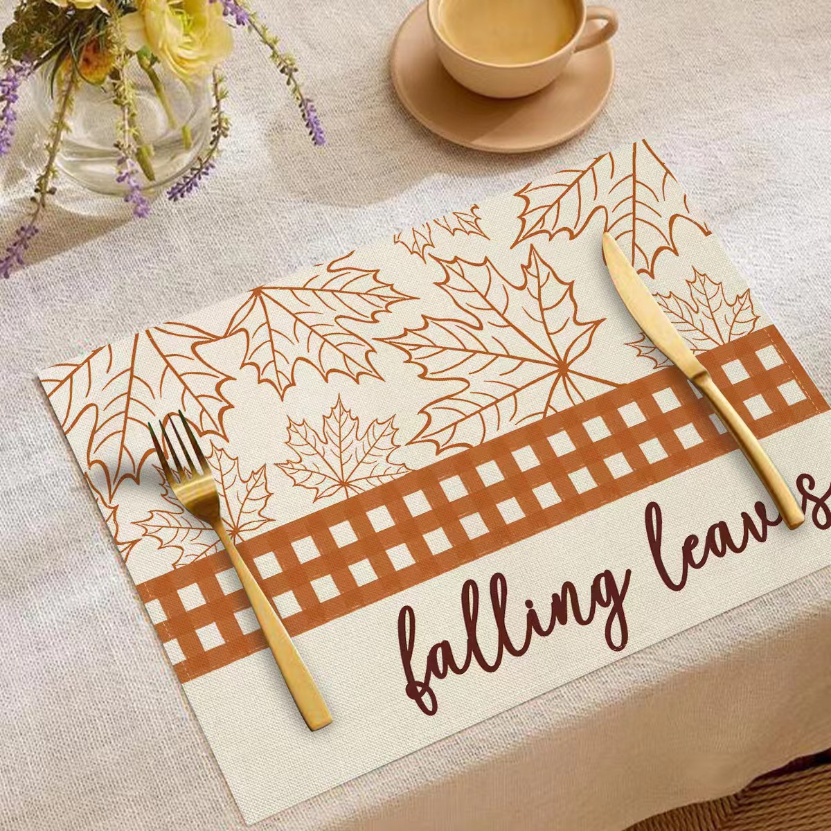 Transfronterizo temu explosión Día de Acción de Gracias otoño calabaza lino estampado conjunto lino estampado mesa de restaurante