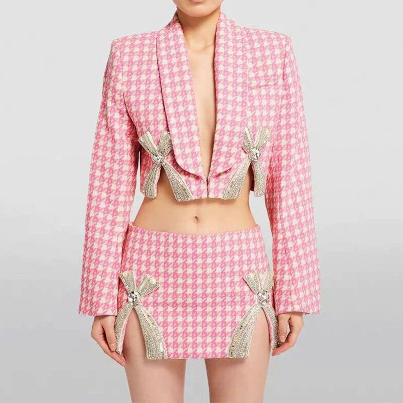 Элитный женский костюм 2025 года в европейском стиле, лёгкая роскошь, с бисерной вышивкой, стразами, бантом и клетчатым принтом «гусиная лапка», комплект из пиджака и юбки.