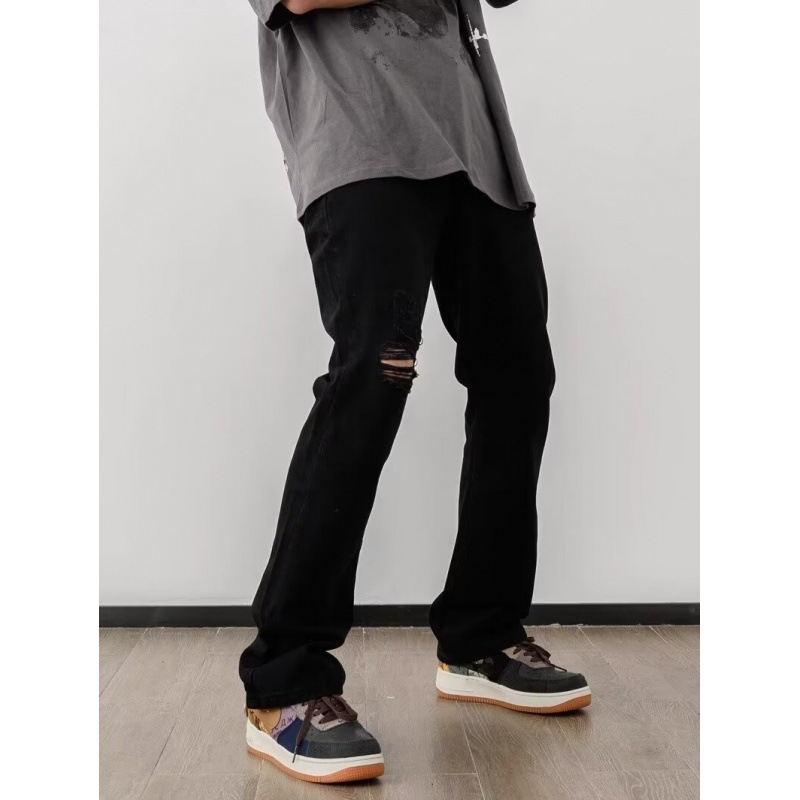 Men's High Street American Retro Washed Denim Jeans Loose Fit Slightly Flared Wide Leg Floor Length Slimming Blue Jeans_mkmklike.com