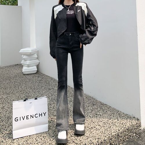 Gradient color micro-trumpet slim stretch jeans women's high waist niche tight horseshoe pants wide-leg mop long pants