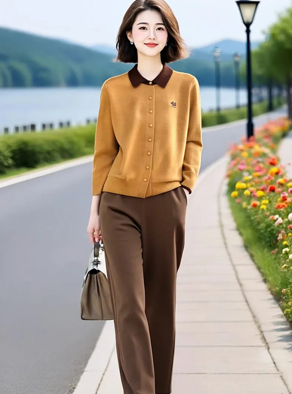 中老年韩版简约女装通勤设计春秋洋气时尚翻领针织衫直筒裤两件套|undefined