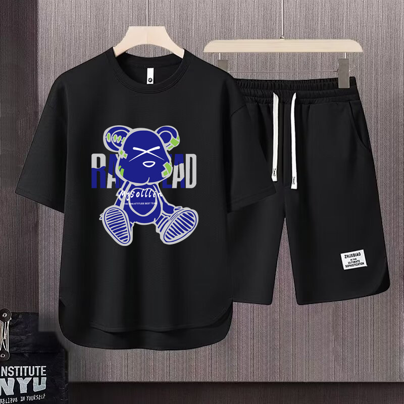 Vêtements pour hommes 2024 gaufré décontracté costume d'été hommes ample adolescent à manches courtes t-shirt Shorts beau deux pièces costume_voghion.com
