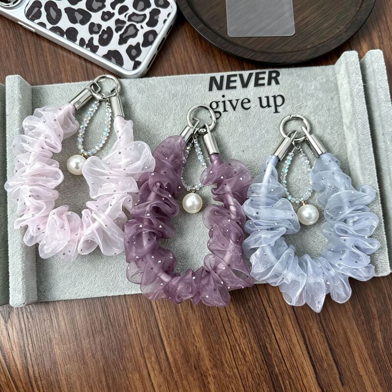 Korean-style fine glitter organza wrist strap with pearl and crystal beads, phone charm, keychain, bag accessory