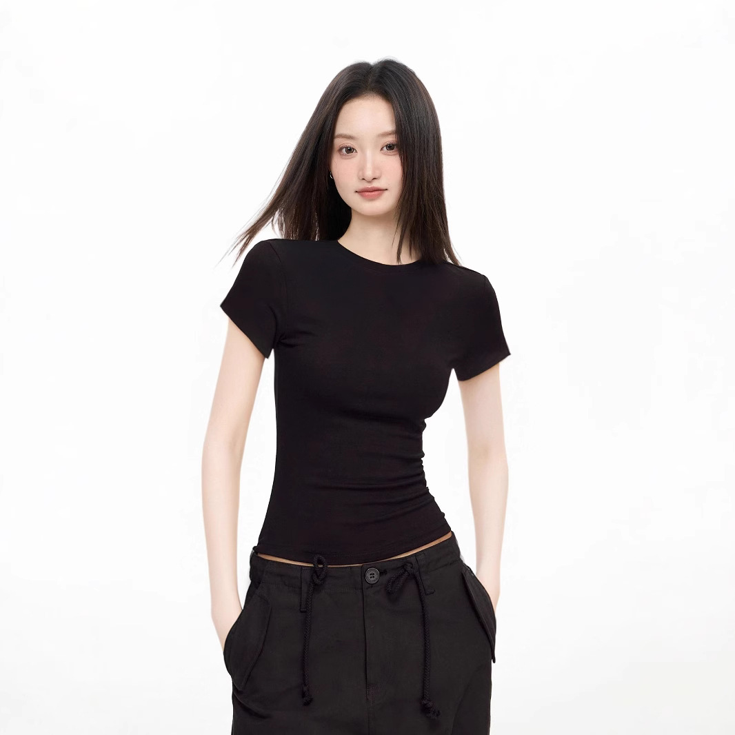 Black Short-sleeved Shoulder T-shirt Women's 2025 Spring/Summer Round Neck Basic American-style Instagram Style Slim-fit Base Top