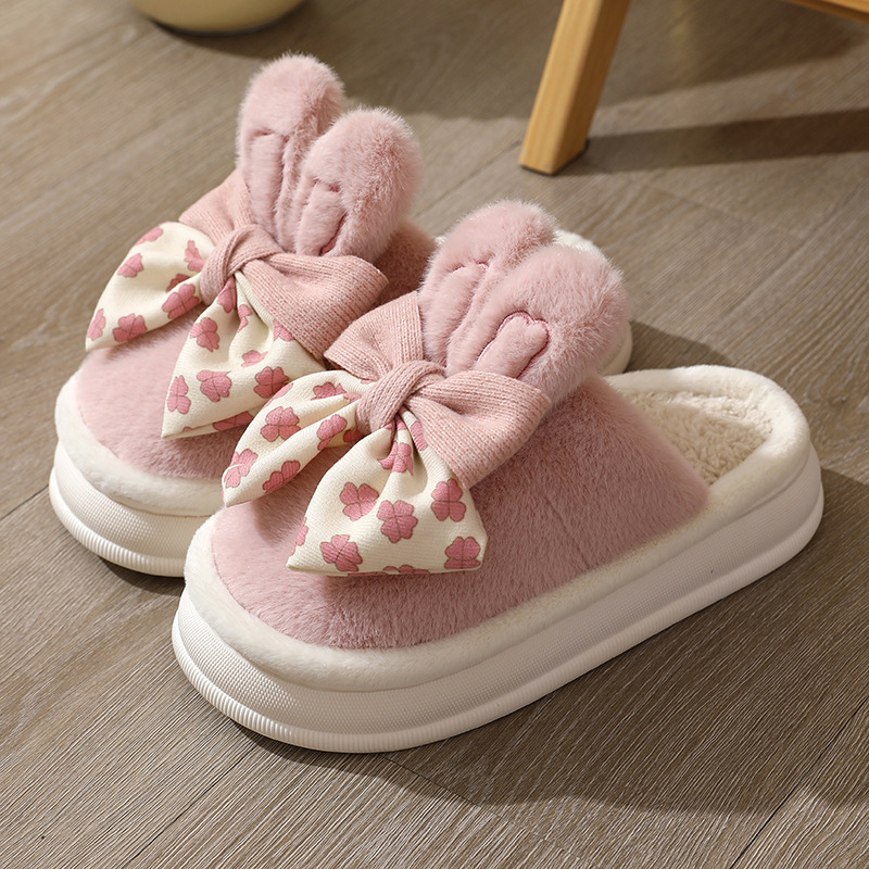 thumbnail image 1 of Zapatillas de algodón con lazo de otoño e invierno para mujer, zapatos de algodón informales bonitos y cálidos para interiores, Zapatillas de felpa para niñas, 1 of 5