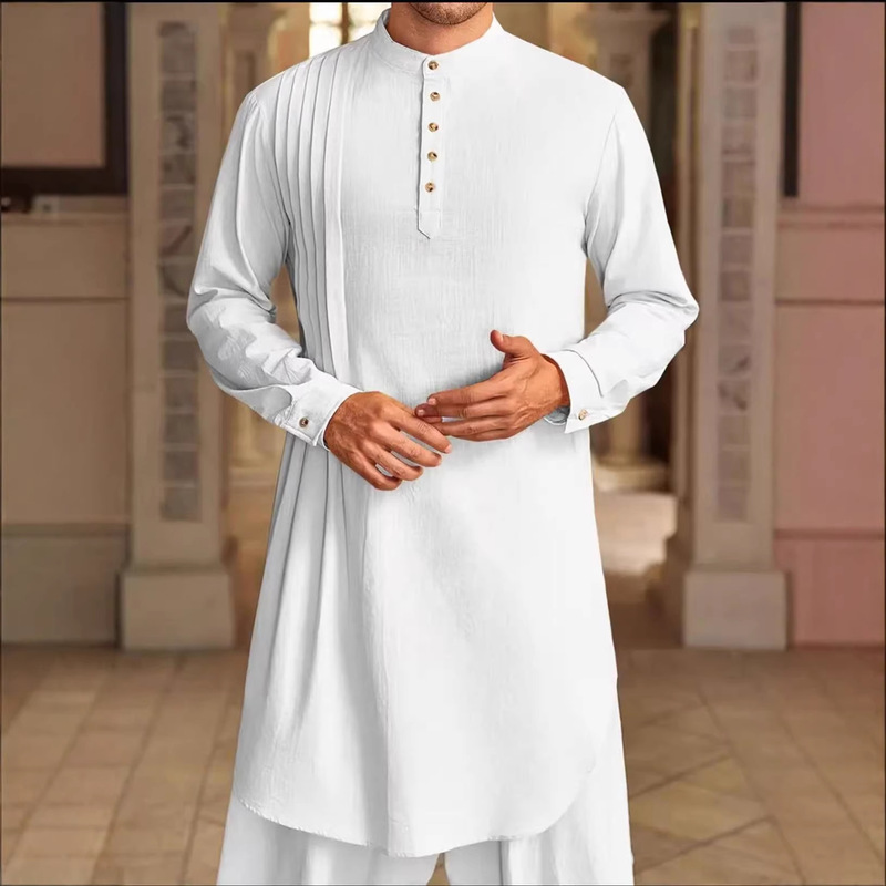 2026 New Men's Stand-Collar Pleated Long Shirt, Cotton and Linen Breathable Mid-Length Shirt, Ethnic Style Casual Men's Wear