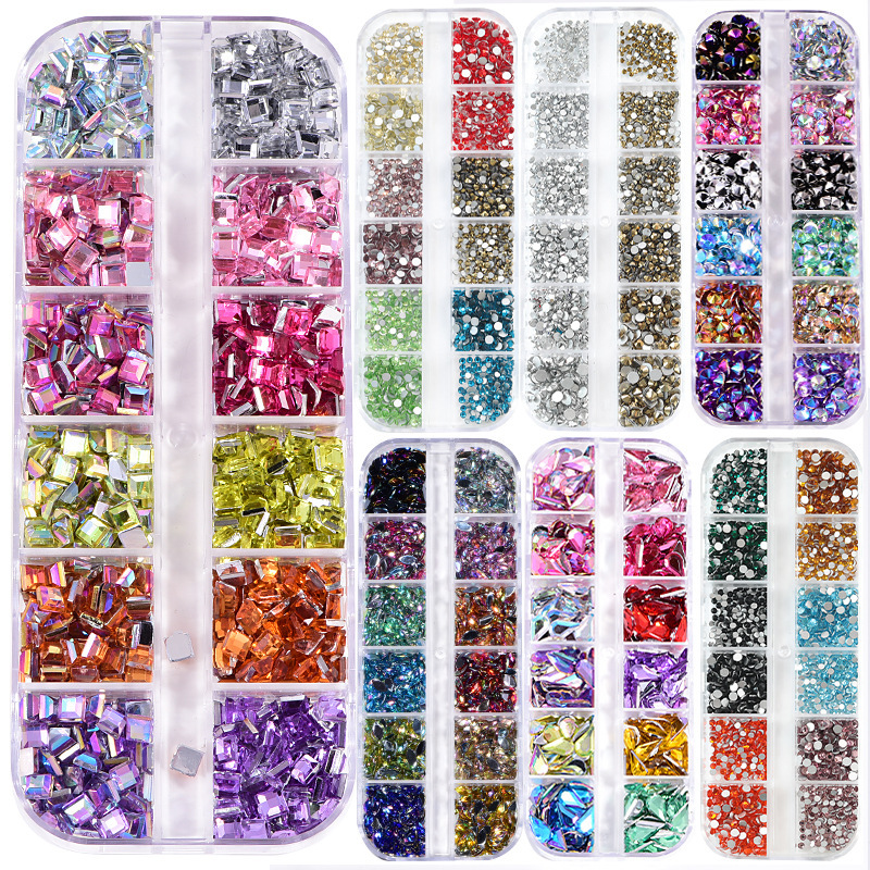 Cross-Border 12 Long Grids Box Nail Art Rhinestone Set DIY Nail Phone Case Jewelry Accessories Glass Flats Bottom Diamond Decoration