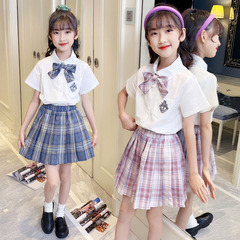 女童jk制服裙套裝夏季2023夏裝新款兒童學院風蝴蝶結百褶裙兩件套