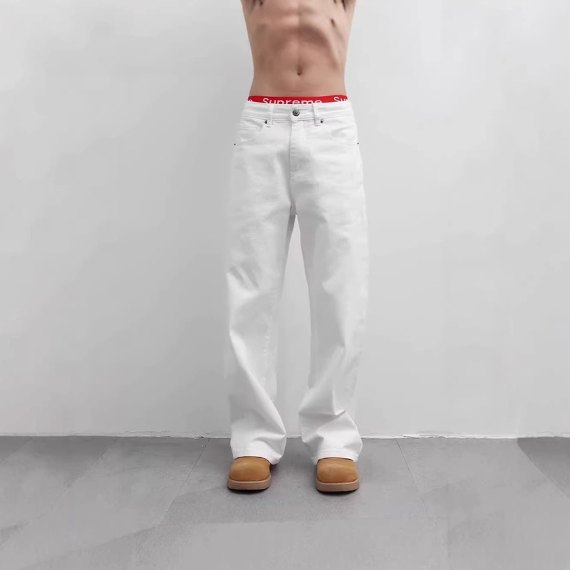 Hme2026 Men's White Jeans Fashion Trendy High Street Loose Fit Slimming Wide-Leg Versatile Straight Long Pants
