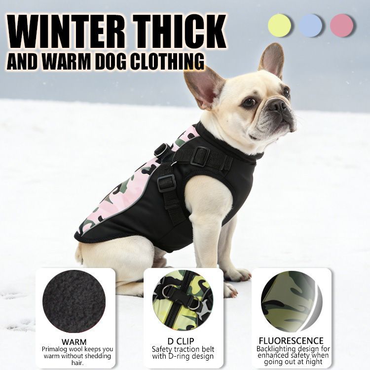 Cotton Dog Coat Zippered Jacket Pet Clothes For Autumn Winter French Bulldog Harness Leashes Included_voghion.com