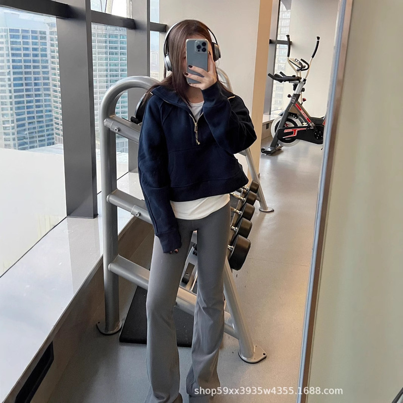 Lulu Same-style Scuba Half-zipper Collar Short Gold Label Loose fleece-lined All-match Sports Casual Velvet Sweatshirt