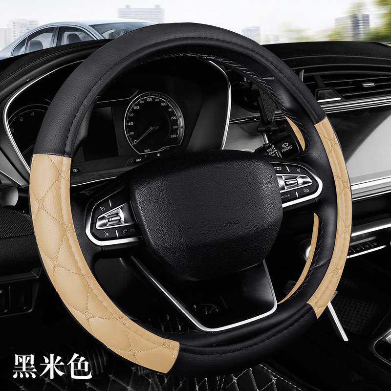 Seat cushion, seat cover: Universal Full Leather - black-beige-steering-wheel-cover