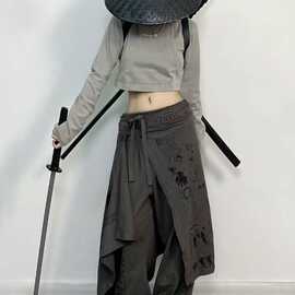 假两件设计感不规则裤裙垂感直筒绑带松紧腰显瘦男女情侣休闲长裤