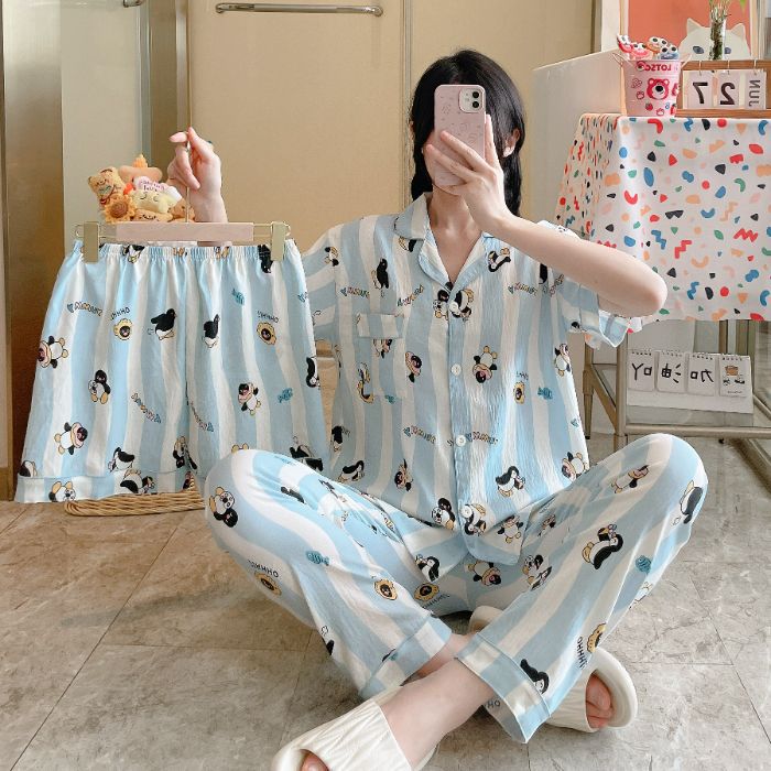 Venta al por mayor transfronteriza 120g pijamas de algodón de nube de verano de manga corta para mujer pantalones cortos de algodón de nube de verano de tres piezas servicio a domicilio de dibujos animados