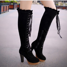 批发高跟马丁靴 绒面前系带高筒靴 韩版圆头水台女靴子大码 F65