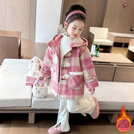 韩版女童呢大衣秋冬2025新款儿童夹棉连帽外套牛角扣加厚格子上衣