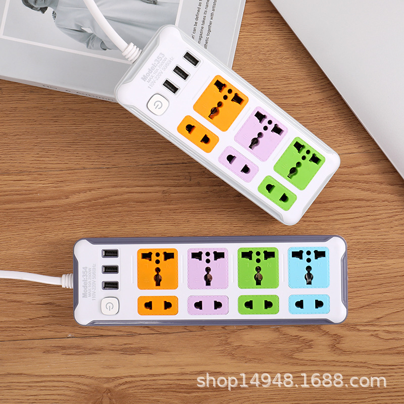 353#USB 南美二扁插 彩色排插 354#USB 3米英文包装袋拖线板