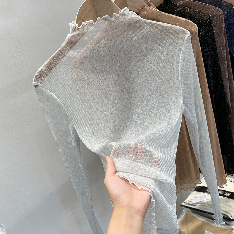 女性用ハーフタートルネックブライトシルクメッシュボトムシャツ、薄いガーゼシャツ、スリムフィット長袖コーヒー色のインナー、透明レーストップ|undefined