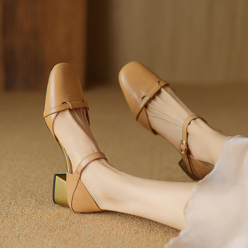 Sandal nữ bít mũi da bò thật quai chữ V đế thấp — Màu caramel chi tiết 21