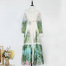 欧美跨境外贸优雅重工蕾丝花边复古灯笼袖立领印花系带连衣裙长裙