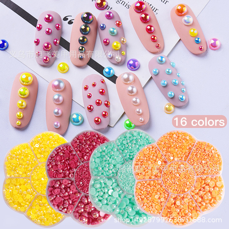 크로스 보더 반원 AB 진주 7 매화 꽃 박스 컬러 네일 아트 진주 DIY 수지 진주 네일 아트 보석 도매