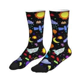POD 印花跨境爆款专供黑底卡通宇宙太空火箭飞碟太阳星星童趣涂鸦