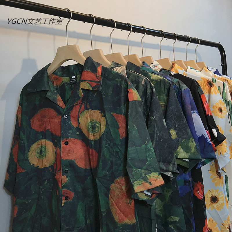 Hong Kong-style Couple's Short-sleeved Oil Painting vintage Painted Cuban Full Printed Shirt Hawaiian Shirt for Boys and Girls