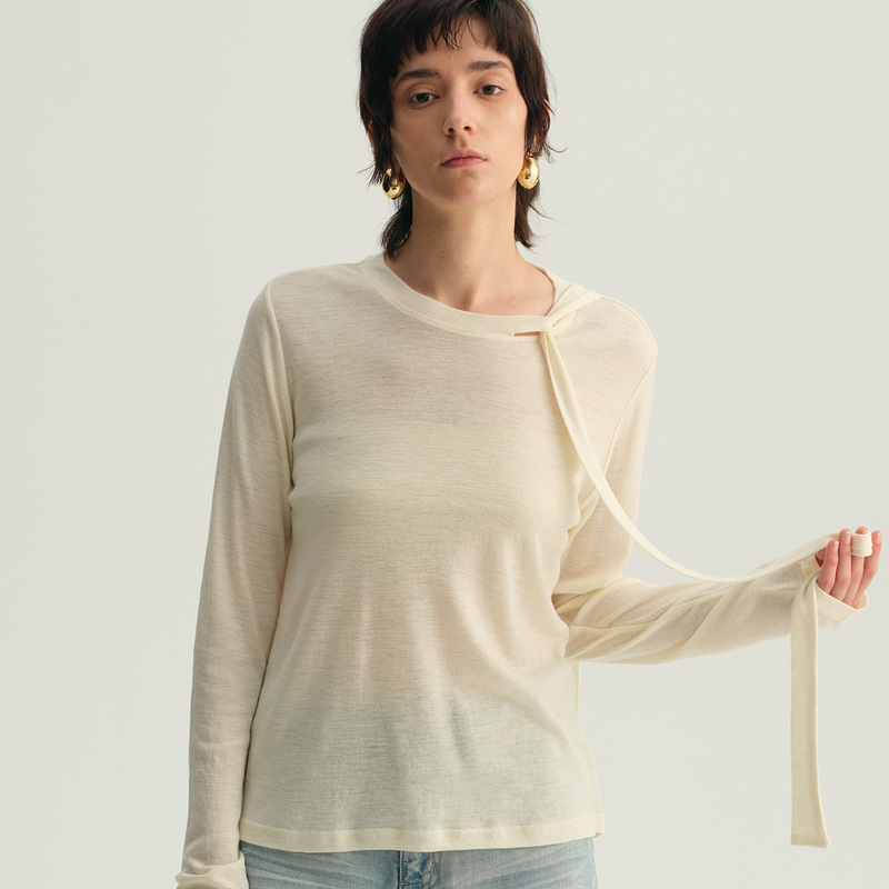 [Original] 100% Merino Wool Ribbon Design Thin Long Sleeve T-Shirt for Women, Spring 2026 New Slimming Knitwear