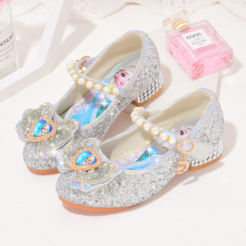 Children's leather shoes for spring and autumn, Elsa single shoes for little princess, crystal shoes for little girls, high heels with soft soles, children's shoes for girls