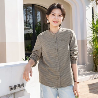 YUN韫2026春秋新款日系文艺复古纯棉格子宽松长袖百搭衬衫上衣女