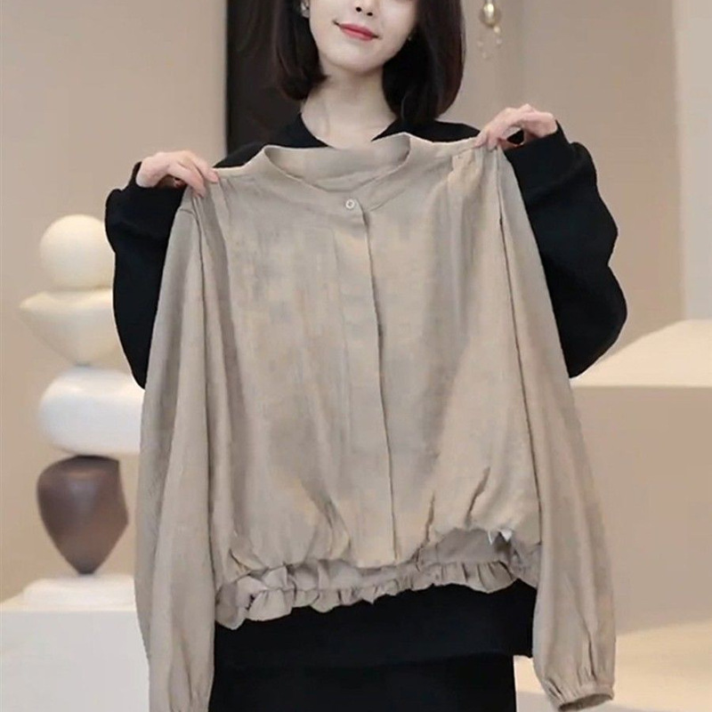 法式复古高级感圆领长袖纯色衬衫女秋季新款别致独特绝美短款上衣|undefined