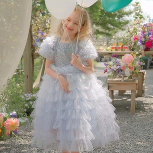Girls Sequin Dress 2025 New Princess Elsa Blue Gradient Tutu Skirt Birthday Party Cake Skirt