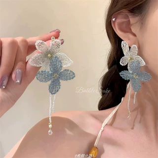 刺绣撞色花朵流苏耳环小清新甜美气质耳钉拍照打卡无耳洞耳夹耳饰