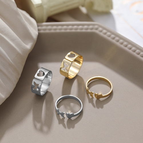 Cross-border exclusive AliExpress new Western-style jewelry Two-in-one openwork butterfly heart ring Gold and silver color