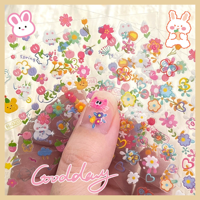 Valentine's Day Rose Nail Art Stickers Environmentally Friendly Cute Rabbit Nail Decals 3D Adhesive Nail Stickers 30 in a Bag