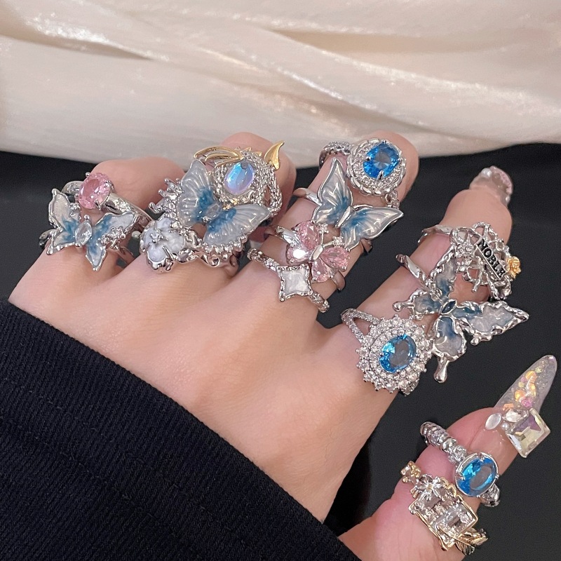 6g Weight Copper Enamel Oval Butterfly Zircon Open Rings