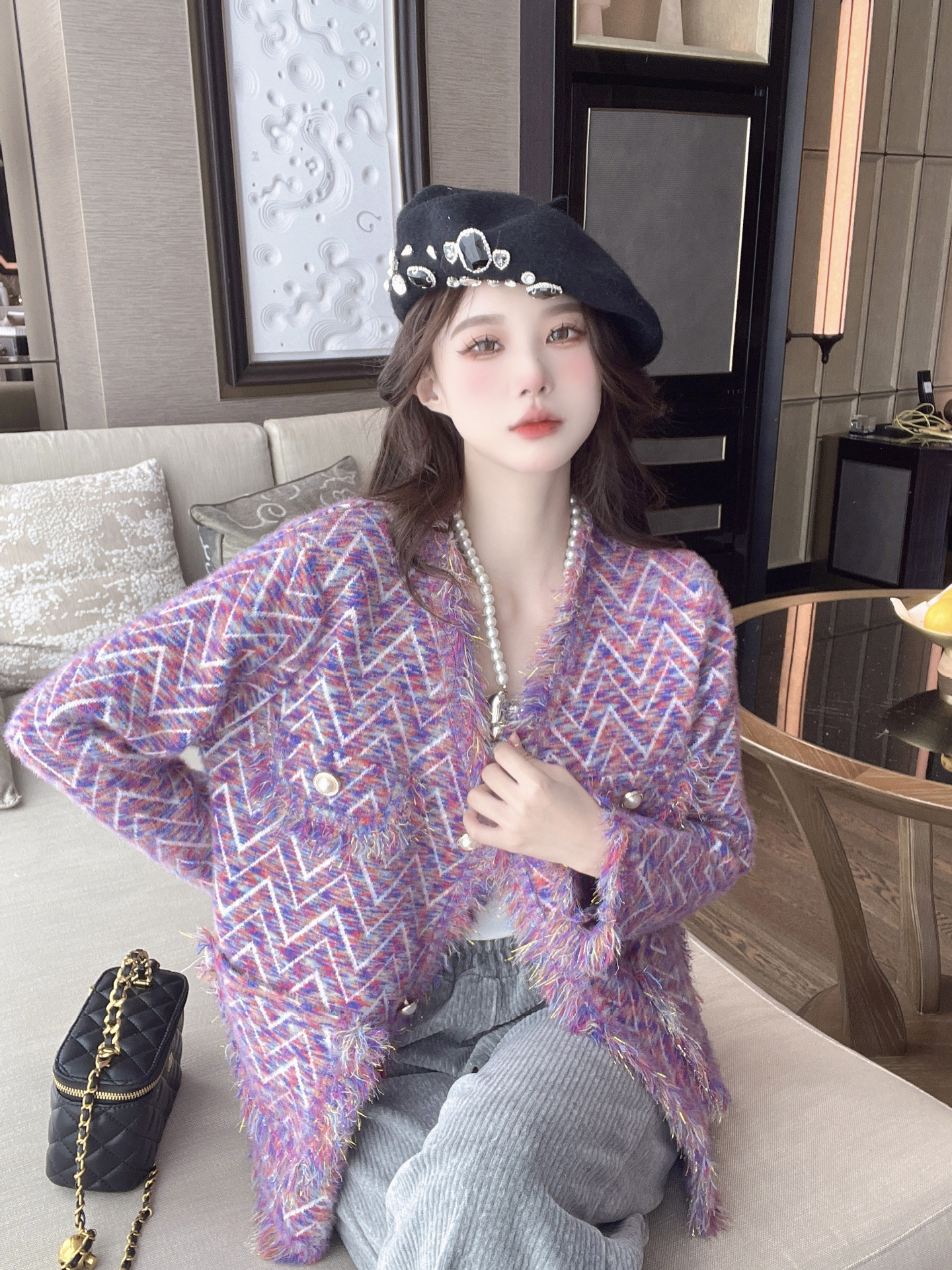 紫色设计感小众法式小香风外套女2024新款秋装气质名媛高级感上衣